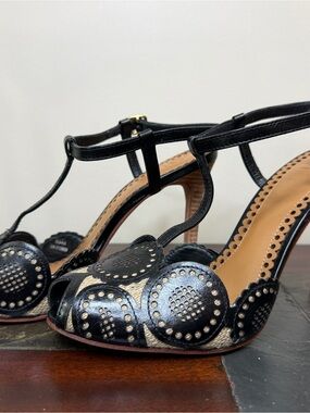Tory Burch Black and Beige Studded T-Strap Heels Alexa 106mm